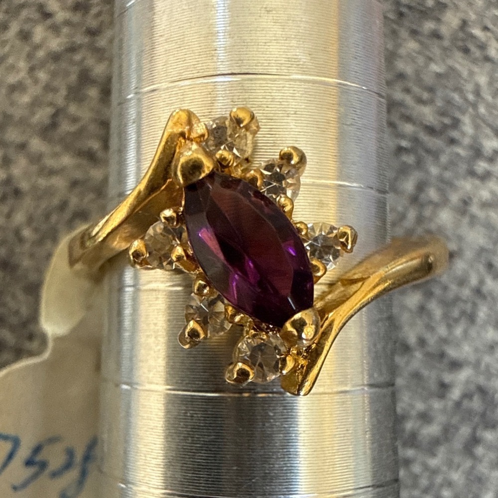 Vintage Gold Marquise size 6.5 amethyst Cocktail Ring Clear Accents signed BB